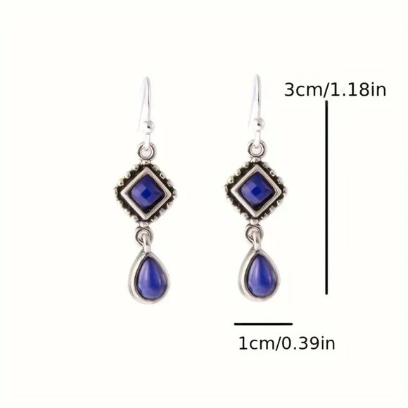 Silver Blue Lapis Lazuli Long Dangle Earrings Teardrop Diamond Drop Pendant New - Picture 4 of 6